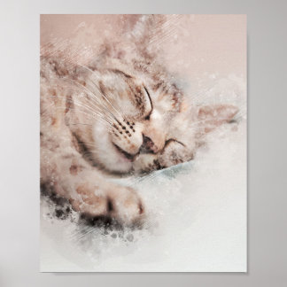 可愛い子猫の眠る夢の水の絵を描色 ポスター