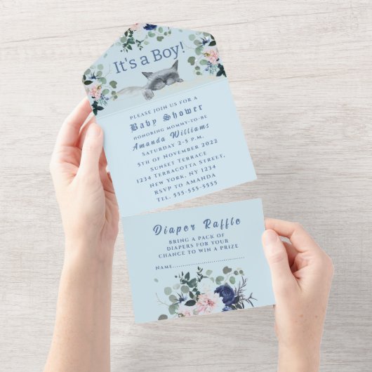 可愛い子猫の花ブルー男の子のシャワー オールインワン招待状 (貼ってはがせる)