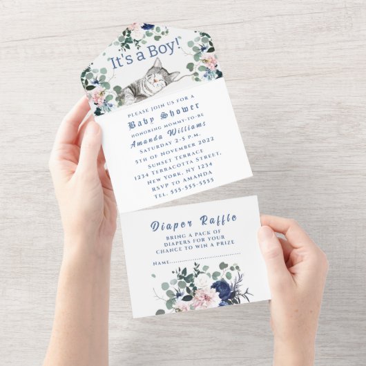 可愛い子猫の花ブルー男の子のシャワー オールインワン招待状 (貼ってはがせる)