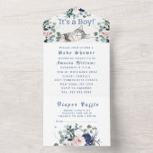 可愛い子猫の花ブルー男の子のシャワー オールインワン招待状 (内側)