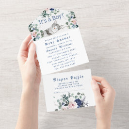 可愛い子猫の花ブルー男の子のシャワー オールインワン招待状