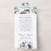 可愛い子猫の花ブルー男の子のシャワー オールインワン招待状 (内側)