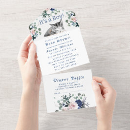 可愛い子猫の花ブルー男の子のシャワー オールインワン招待状