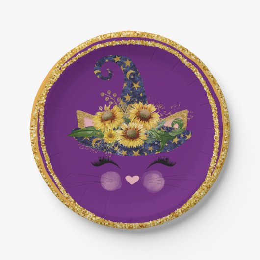 可愛い子猫ウィッチグリッタリーハロウィーン ペーパープレート (正面)