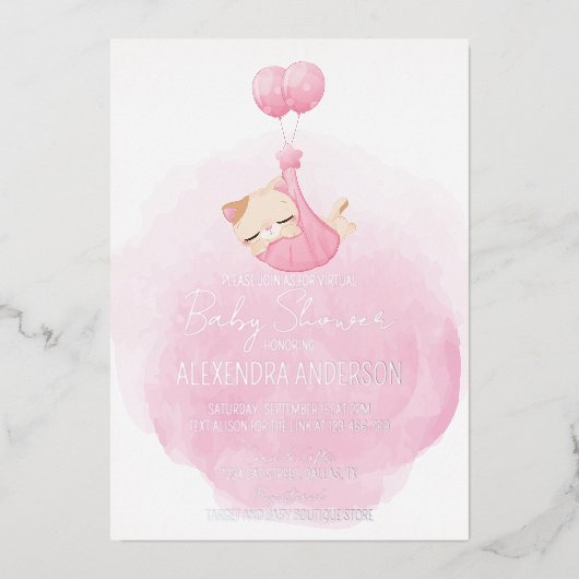 可愛い子猫ピンクの水色の女の子シャワー 箔招待状 (正面)