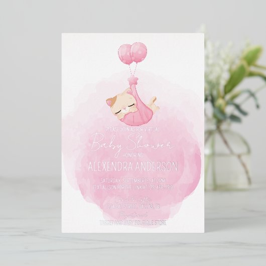 可愛い子猫ピンクの水色の女の子シャワー 箔招待状 (立ち正面)