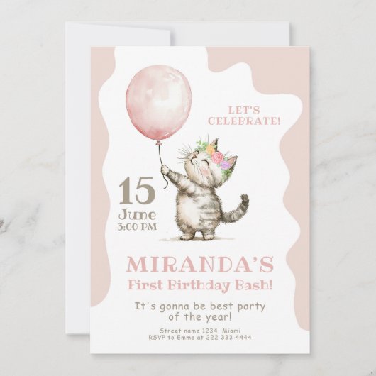 可愛い子猫ファースト誕生日Bash。 招待状 (正面)