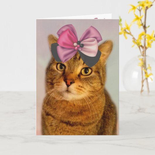 可愛い子猫及び弓誕生日カード カード (黄色い花)