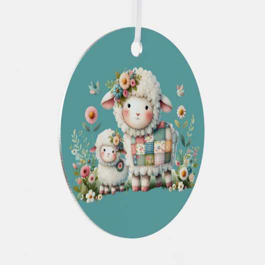 可愛い子羊とフローラとパッチワークのアクセント メタルオーナメント (正面右)