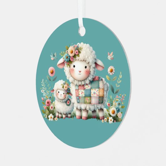 可愛い子羊とフローラとパッチワークのアクセント メタルオーナメント (正面左)