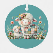 可愛い子羊とフローラとパッチワークのアクセント メタルオーナメント (正面)