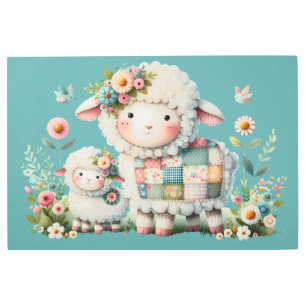 可愛い子羊とフローラとパッチワークのアクセント メタルプリント