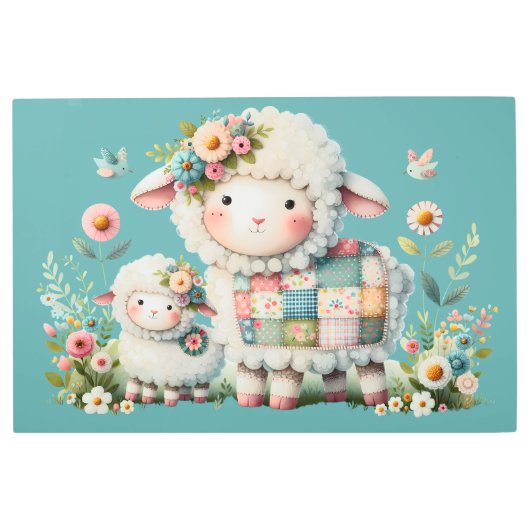 可愛い子羊とフローラとパッチワークのアクセント メタルプリント (正面)