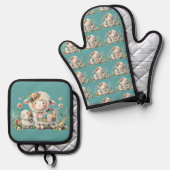 可愛い子羊とフローラとパッチワークのアクセント 鍋つかみ&鍋敷きセット (正面/裏面)