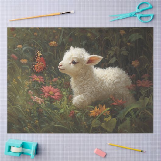 可愛い子羊と蝶の芸術のデコパージュ 薄葉紙 (クラフト)