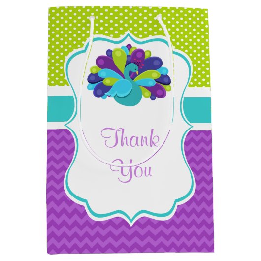 可愛い孔雀グリーンとパープル誕生日ありがとう ミディアムペーパーバッグ (正面)