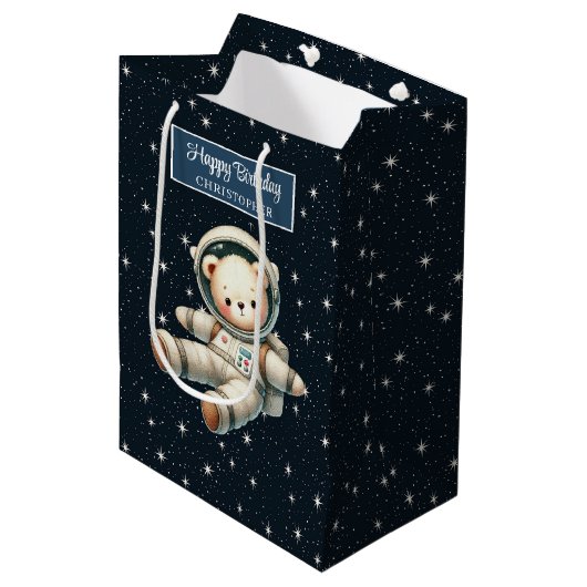 可愛い宇宙ベア抱き枕forボーイバースデーパーティー ミディアムペーパーバッグ (正面アングル)