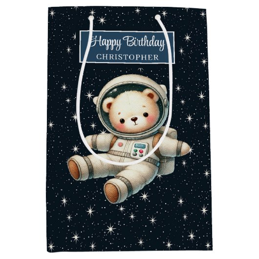 可愛い宇宙ベア抱き枕forボーイバースデーパーティー ミディアムペーパーバッグ (正面)