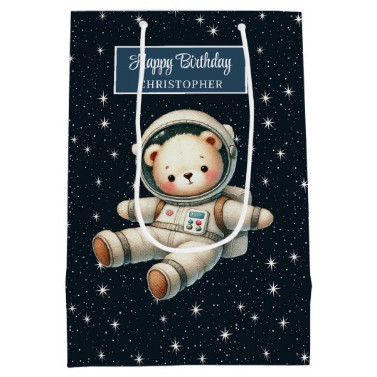 可愛い宇宙ベア抱き枕forボーイバースデーパーティー ミディアムペーパーバッグ (裏面)