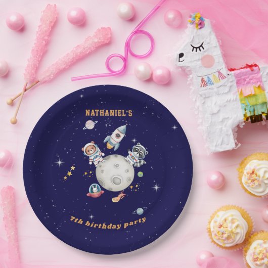 可愛い宇宙森林動物の誕生日 ペーパープレート (パーティー)