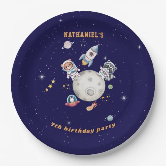 可愛い宇宙森林動物の誕生日 ペーパープレート (正面)