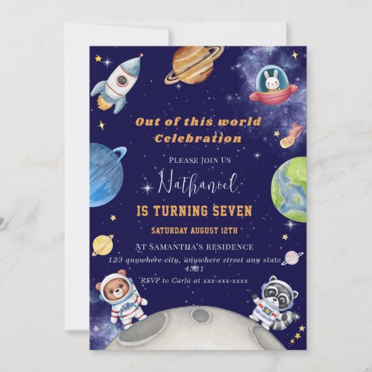 可愛い宇宙森林動物の誕生日 招待状 (正面)