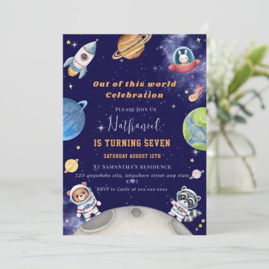 可愛い宇宙森林動物の誕生日 招待状 (スタンド正面)