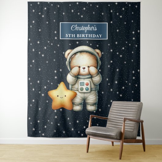 可愛い宇宙飛行士テディベア誕生日背景少年 タペストリー (インサイチュ)