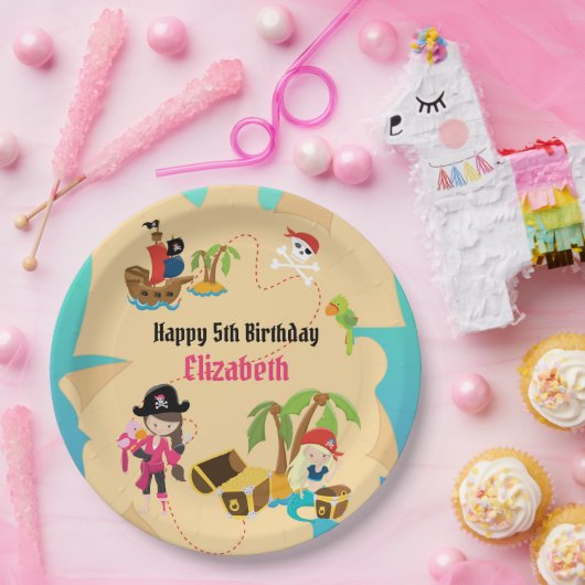 可愛い宝地図ピンクの女の子海賊誕生日パーティー ペーパープレート (パーティー)