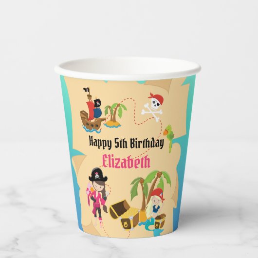 可愛い宝地図ピンクの女の子海賊誕生日パーティー 紙コップ (正面)