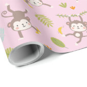 可愛い小さなサルとバナナ&リーフィスピンク ラッピングペーパー (ロールコーナー)