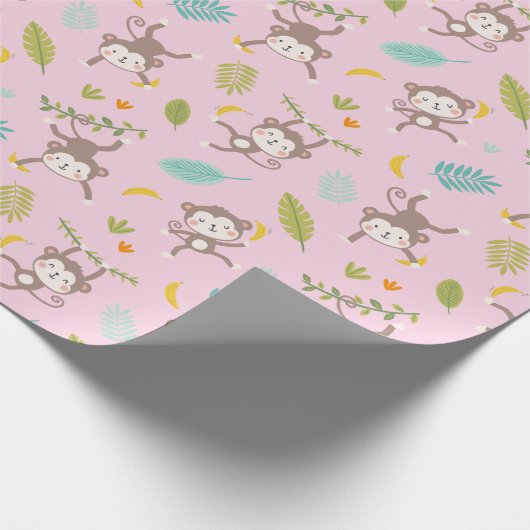 可愛い小さなサルとバナナ&リーフィスピンク ラッピングペーパー (角)