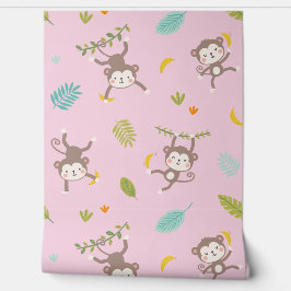 可愛い小さなサルとバナナ&リーフィスピンク 壁紙