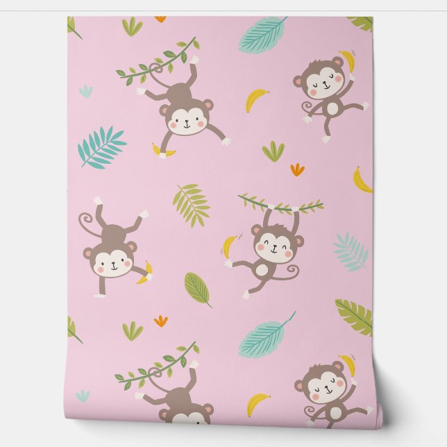 可愛い小さなサルとバナナ&リーフィスピンク 壁紙 (ほどく)