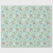 可愛い小さなサルとバナナ&リーフィミント ラッピングペーパー (フラット)