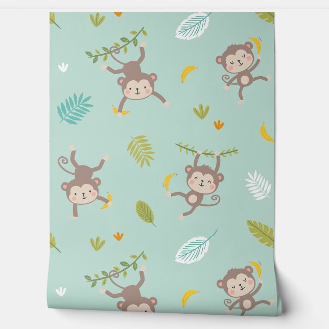 可愛い小さなサルとバナナ&リーフィミント 壁紙 (ほどく)