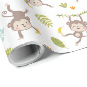 可愛い小さなサルとバナナ&リーフ白 ラッピングペーパー (ロールコーナー)