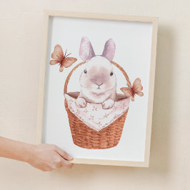 可愛い小さなバニーのバスケットウッドランド子供部屋装飾 ポスター