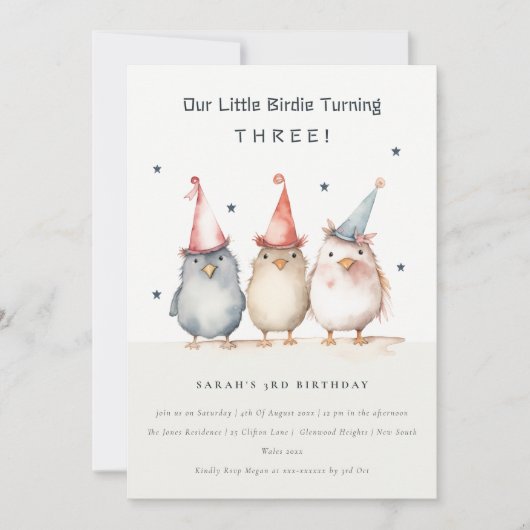 可愛い小さなパーティー鳥任意の年齢子供の誕生日 招待状 (正面)