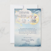 可愛い小さなマウスが彼の道の男の子の赤ちゃんシャワー サンキューカード (正面)