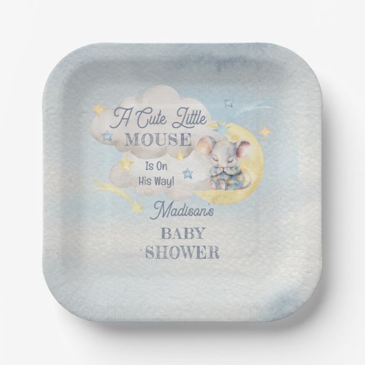 可愛い小さなマウスが彼の道の男の子の赤ちゃんシャワー ペーパープレート (正面)