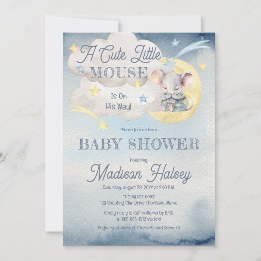 可愛い小さなマウスが彼の道の男の子の赤ちゃんシャワー 招待状 (正面)