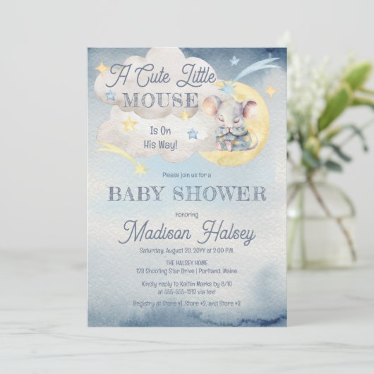 可愛い小さなマウスが彼の道の男の子の赤ちゃんシャワー 招待状 (スタンド正面)
