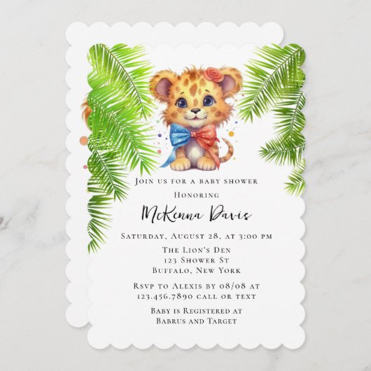 可愛い小さなライオンと蝶ネクタイ男の子の赤ちゃんシャワー 招待状 (正面/裏面)