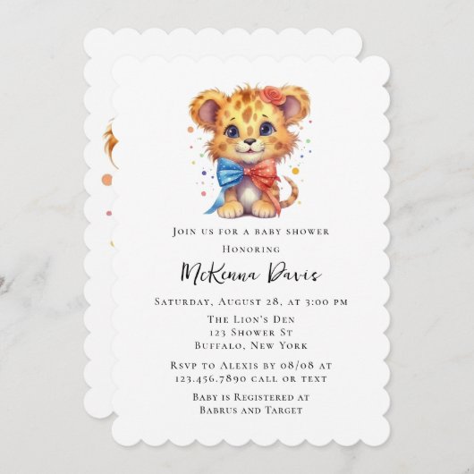 可愛い小さなライオンと蝶ネクタイ男の子の赤ちゃんシャワー 招待状 (正面/裏面)