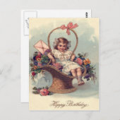 可愛い小さな女の子かご花手紙 ポストカード (正面/裏面)