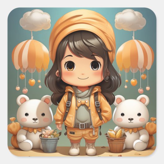 可愛い小さな女の子シール スクエアシール (正面)