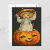 可愛い小さな女の子笑顔ジャックオランタンパンプキン ポストカード (正面/裏面)