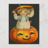 可愛い小さな女の子笑顔ジャックオランタンパンプキン ポストカード (正面)