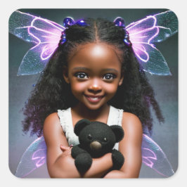 可愛い小さな妖精の女の子とテディベア スクエアシール